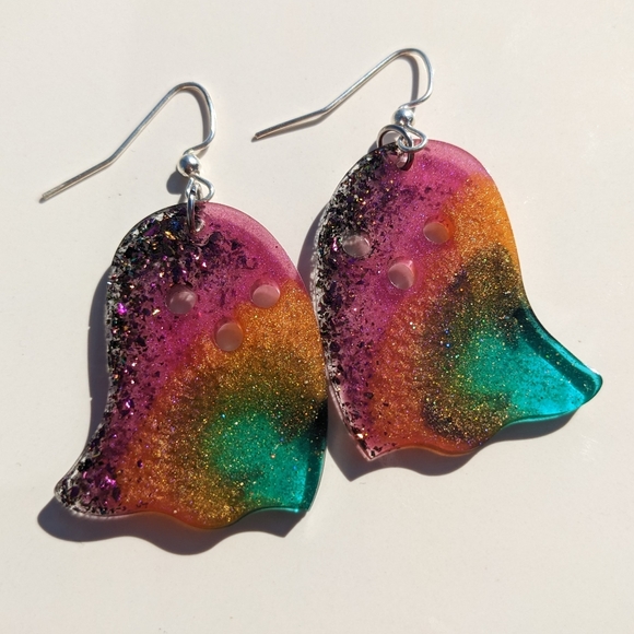 Lightweight Ghost Earrings Sparkly Rainbow Handmade Resin Spooky Goth - Picture 6 of 6